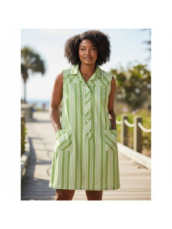 Handmade Dresses & Skirts - Vintage 60's Womens Dress Handmade Green White Stripe Sleeveless Shift 14 16